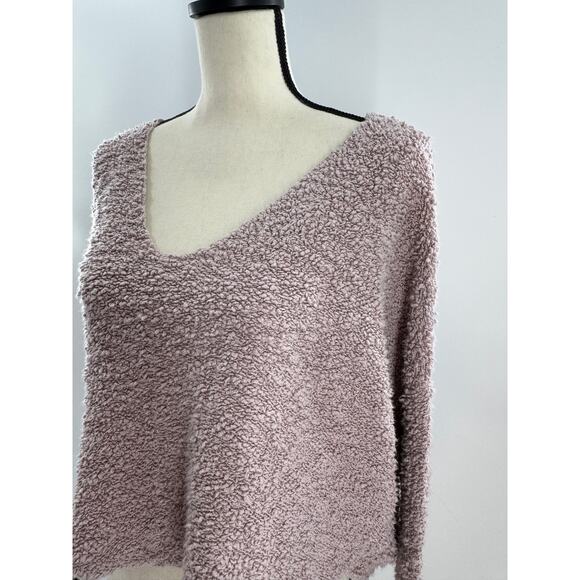 Free People Pink Mauve Boucle V Neck Pullover Crop Boxy Sweater Top Large - Picture 2 of 8